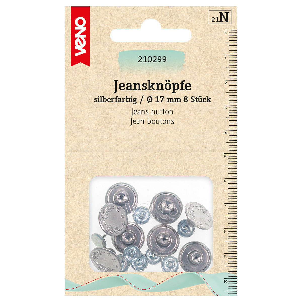 Jeansknöpfe 17 mm in Silber von VENO – Ansicht eines 8er-Packs auf weißem Hintergrund